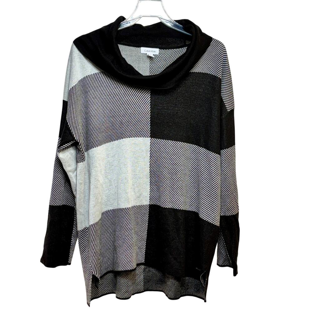 Cowl Neck Pullover Sweater Women's Large Acrylic Black Ivory L/S Calvin Klein